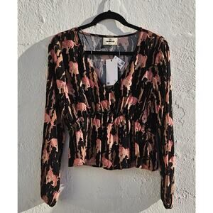 Denimlab Womens Top Small Black Tan Pink Tiger Animal Print Long Sleeve V Neck